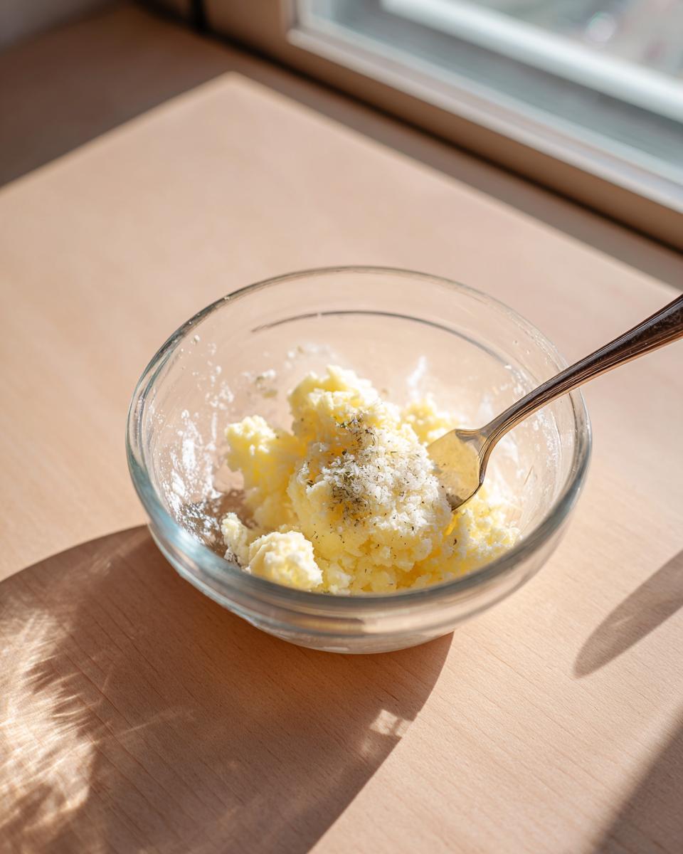 A glass bowl containing a yellow, soft mixture, likely butter and cheese, seasoned with herbs, being mixed with a fork for cheese bread.