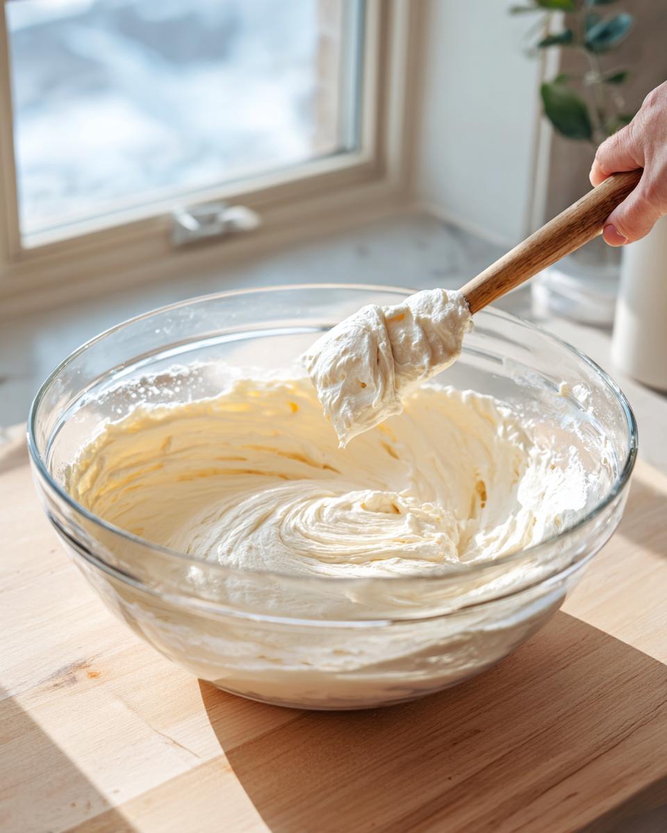 A hand uses a wooden spatula to mix smooth, creamy batter in a glass bowl, essential for a perfect cheesecake recipe.