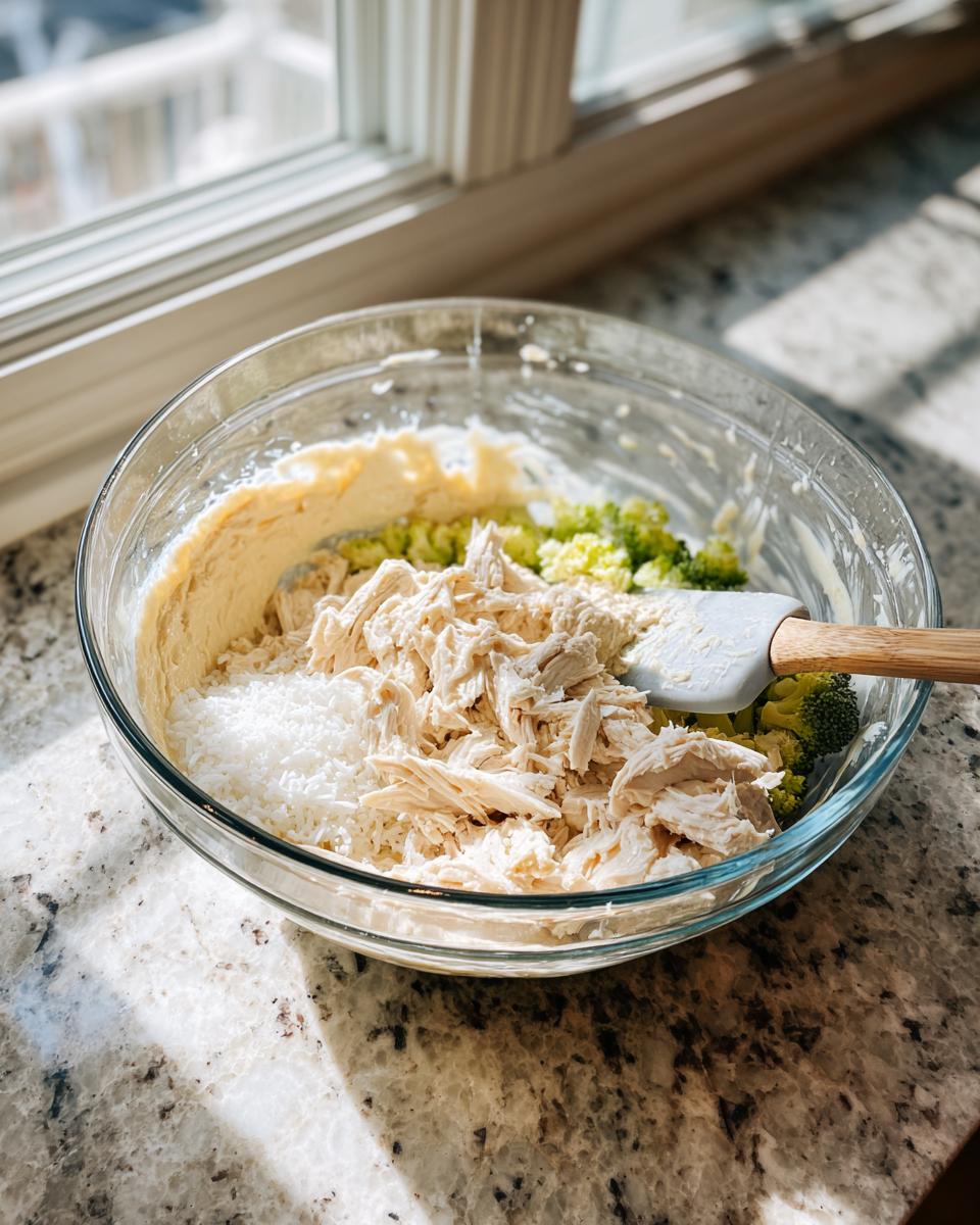 Mixing shredded chicken, rice, and broccoli into a creamy base for cheesy chicken and rice in a glass bowl.