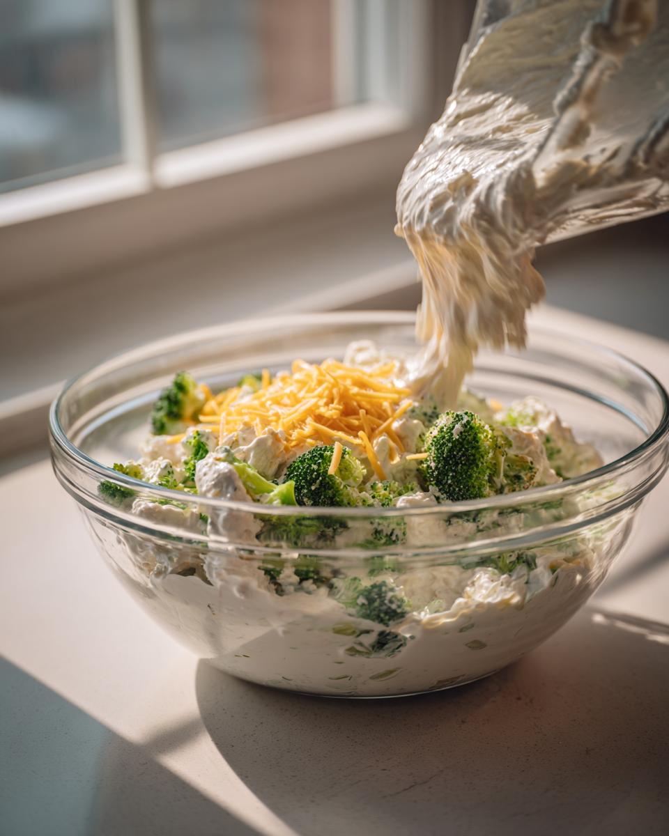 Pouring creamy sauce over broccoli and cheese mixture for making Chicken Divan casserole.