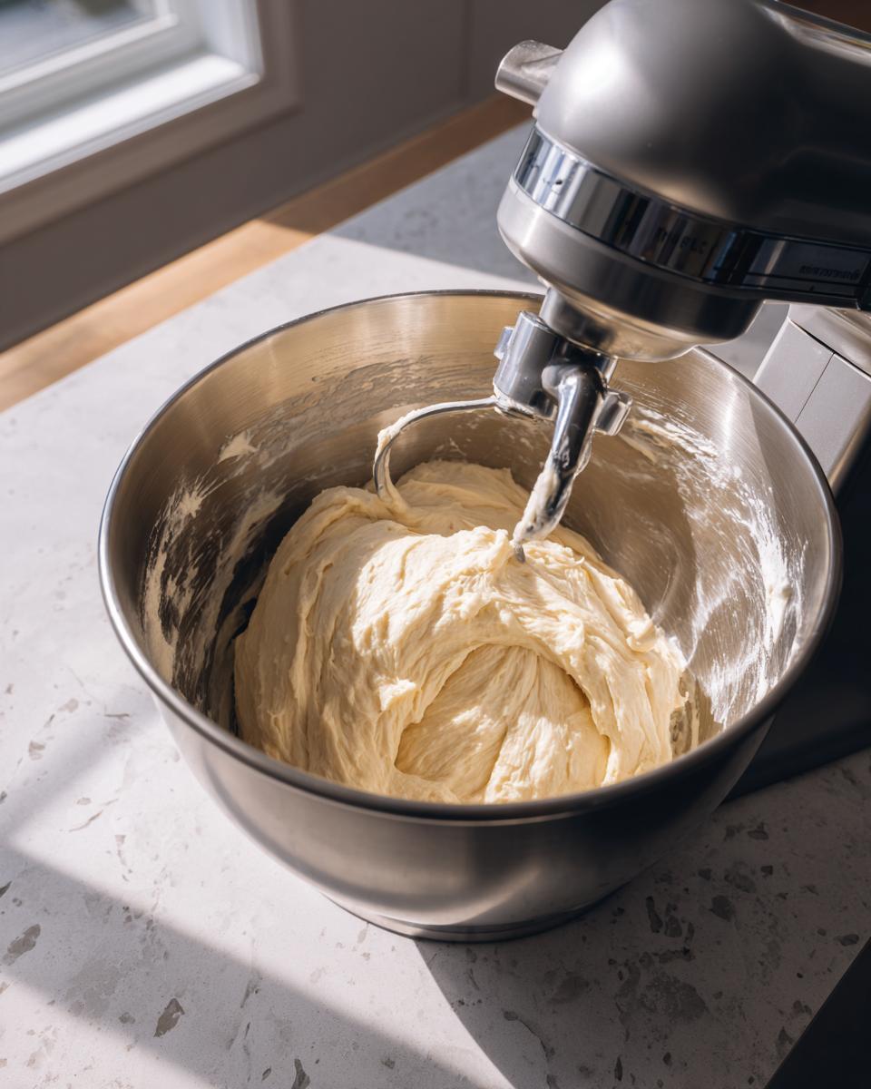 A stand mixer kneading rich, pale dough for chocolate babka in a stainless steel bowl.
