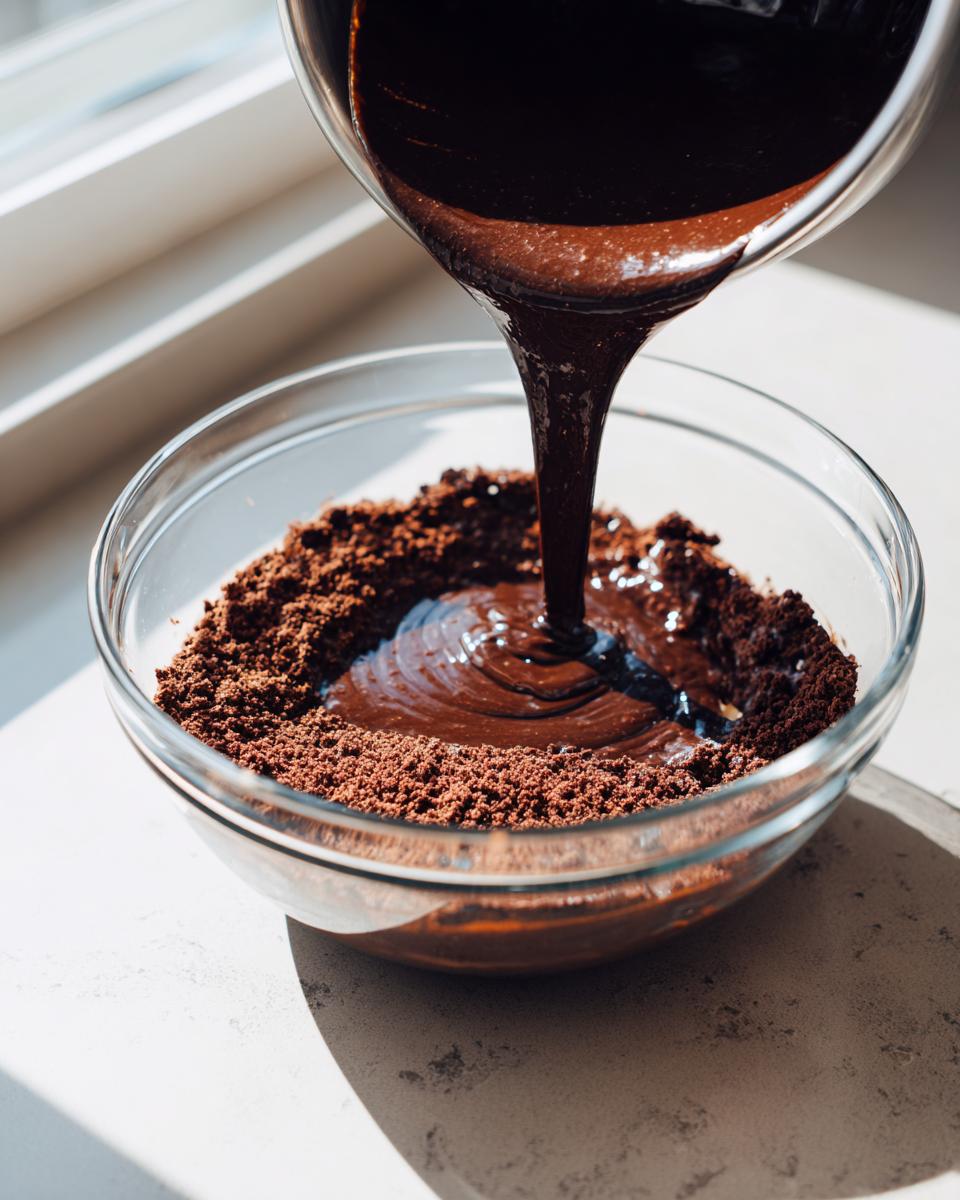 Pouring melted chocolate mixture into crushed biscuit base for making dubai chocolate balls.