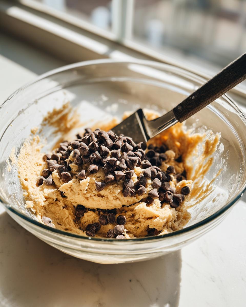 Close-up of cookie dough with a pile of chocolate chips being mixed in for cream cheese chocolate chip cookies.