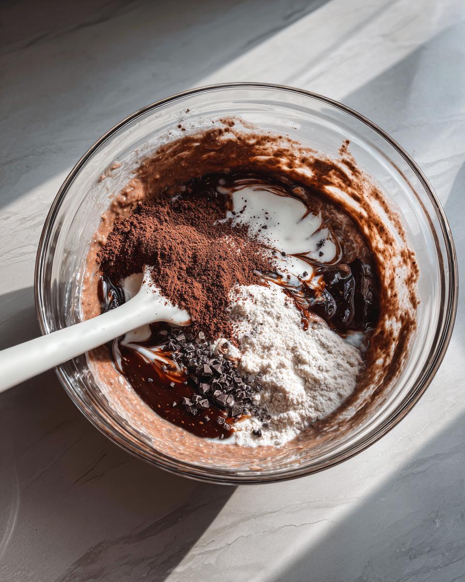 Overhead view of ingredients for chocolate overnight oats being mixed in a glass bowl with a spatula.
