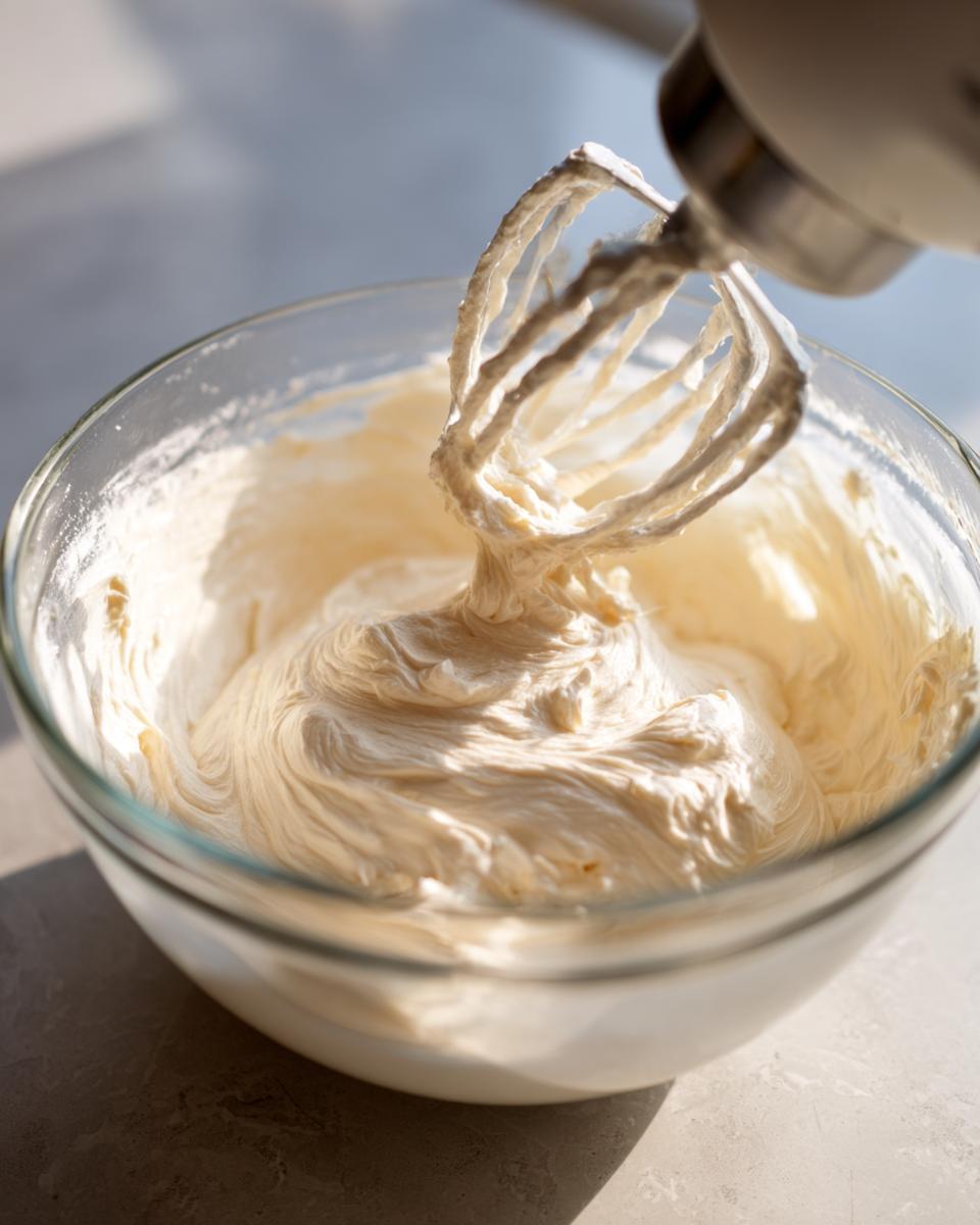 Close-up of cream cheese mixture being whipped by a stand mixer whisk for new york cheesecake.