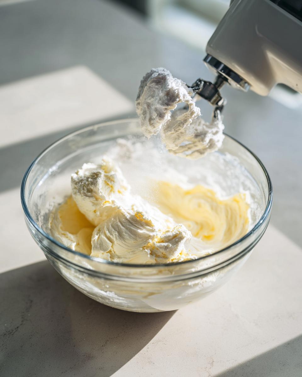 Mixing cream cheese and sugar for the creamy layer of an oreo dirt cake using a stand mixer.