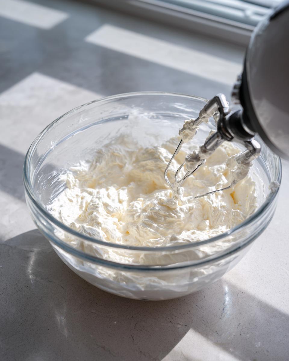 Hand mixer whipping cream cheese base for the creamy pickle dip in a clear glass bowl.
