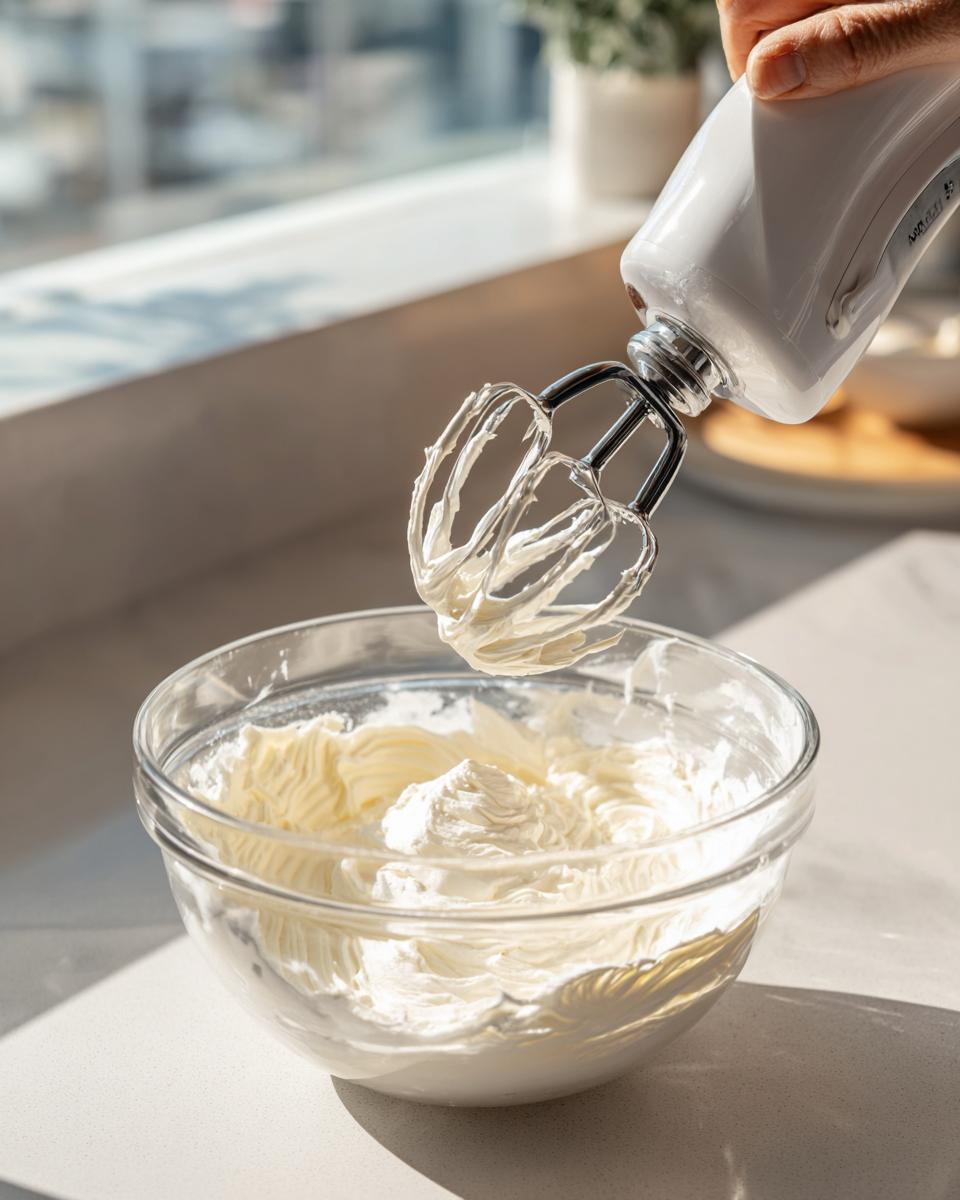A hand uses a hand mixer to whip cream cheese frosting for red velvet cheesecake brownies in a clear glass bowl.