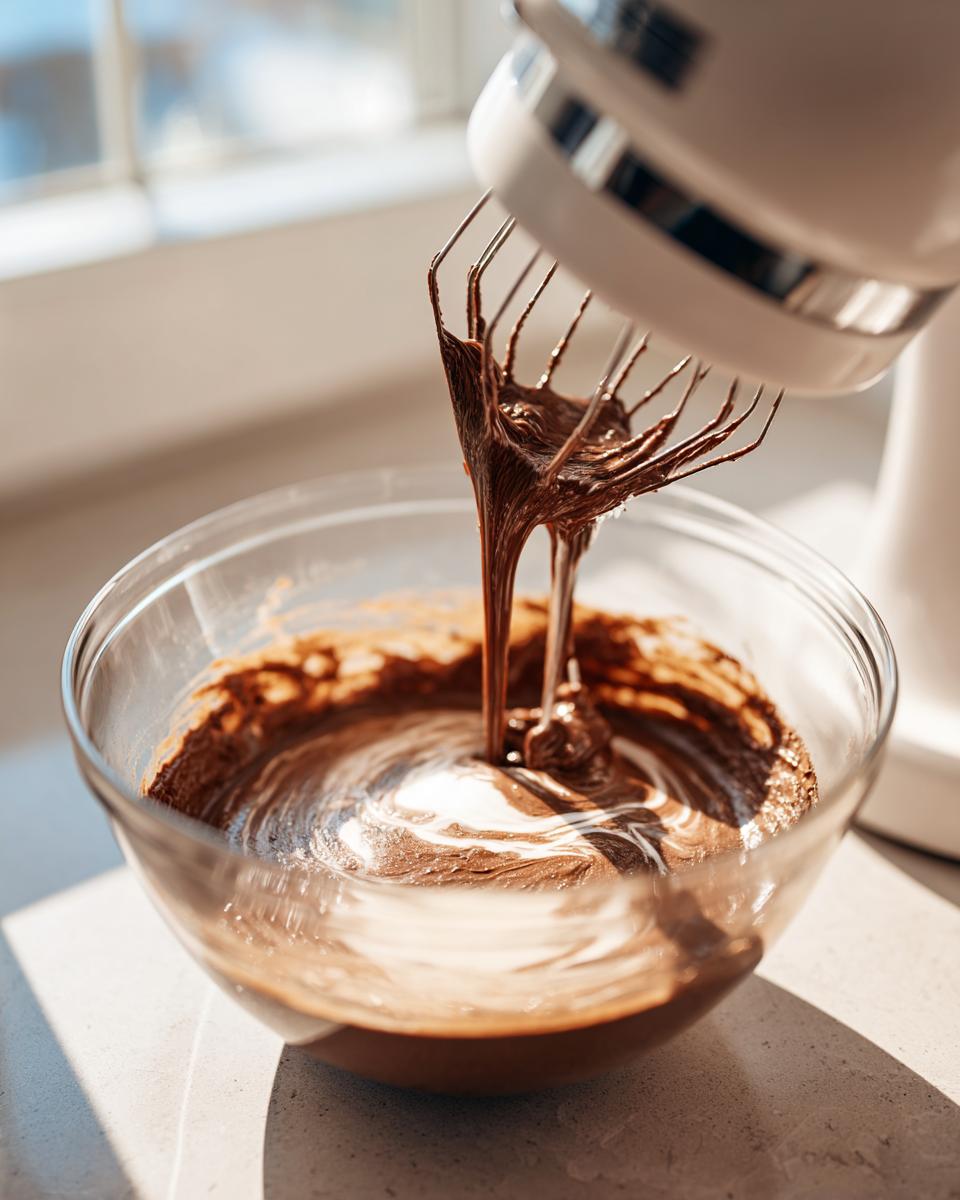 A stand mixer whisk incorporates ingredients into a creamy chocolate dip mixture in a clear glass bowl.