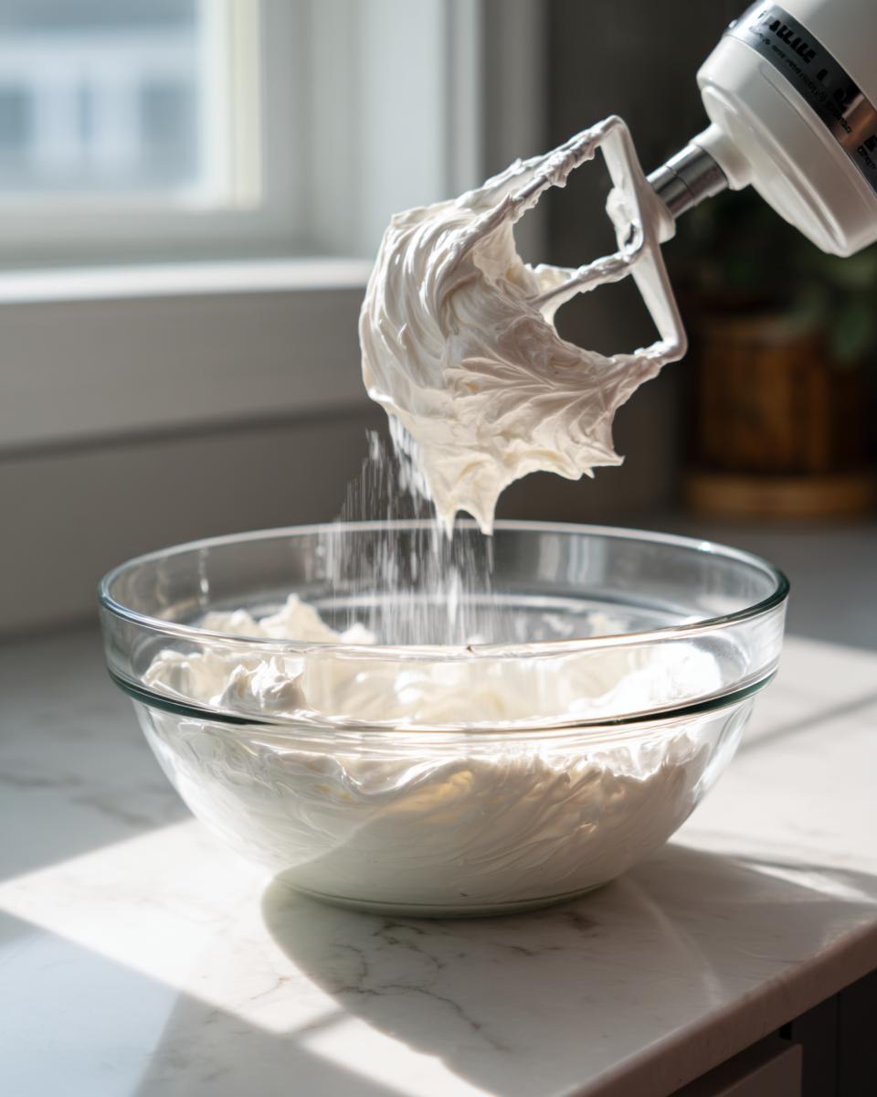 Close-up of a stand mixer whisk lifting fluffy white cream, likely for a fruit dip, with dry ingredients falling into the glass bowl.