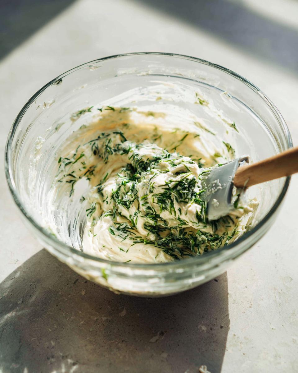 A glass bowl containing creamy white mixture being folded with fresh dill for the amazing pickle dip.