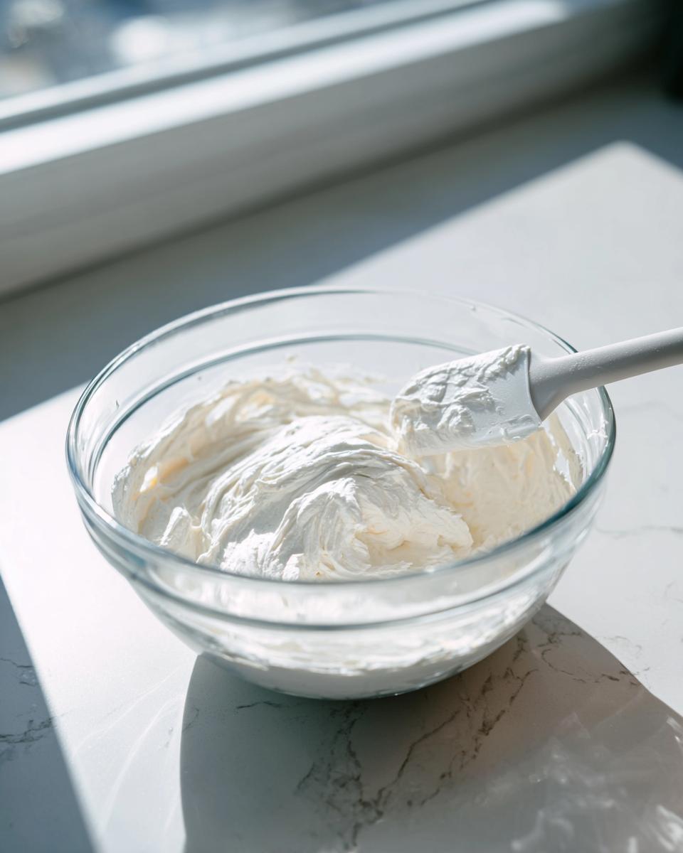 A glass bowl filled with creamy white mixture, likely sour cream or cream cheese, being mixed with a spatula for baked ranch chicken.