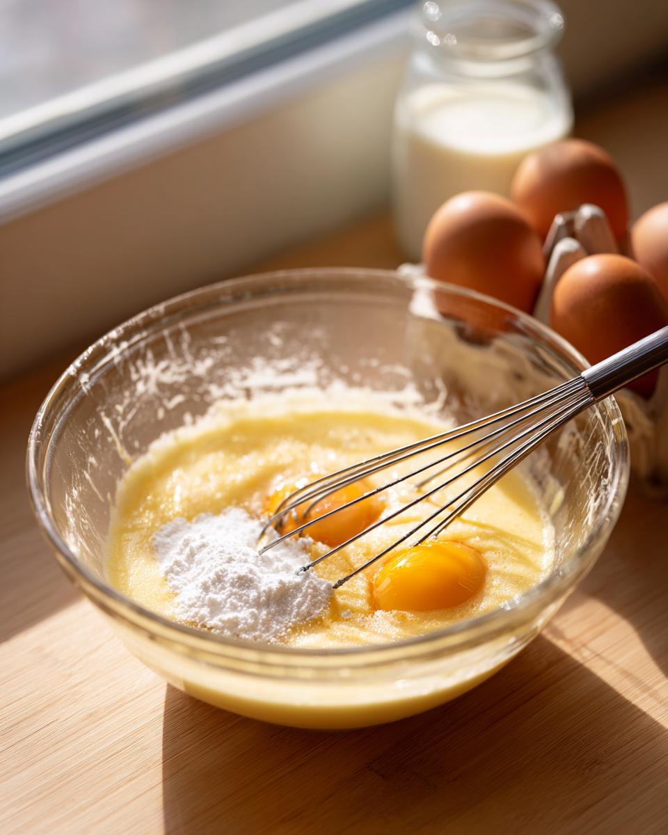 Close-up of ingredients for custard pie being mixed: eggs, powder, and batter in a glass bowl with a whisk.