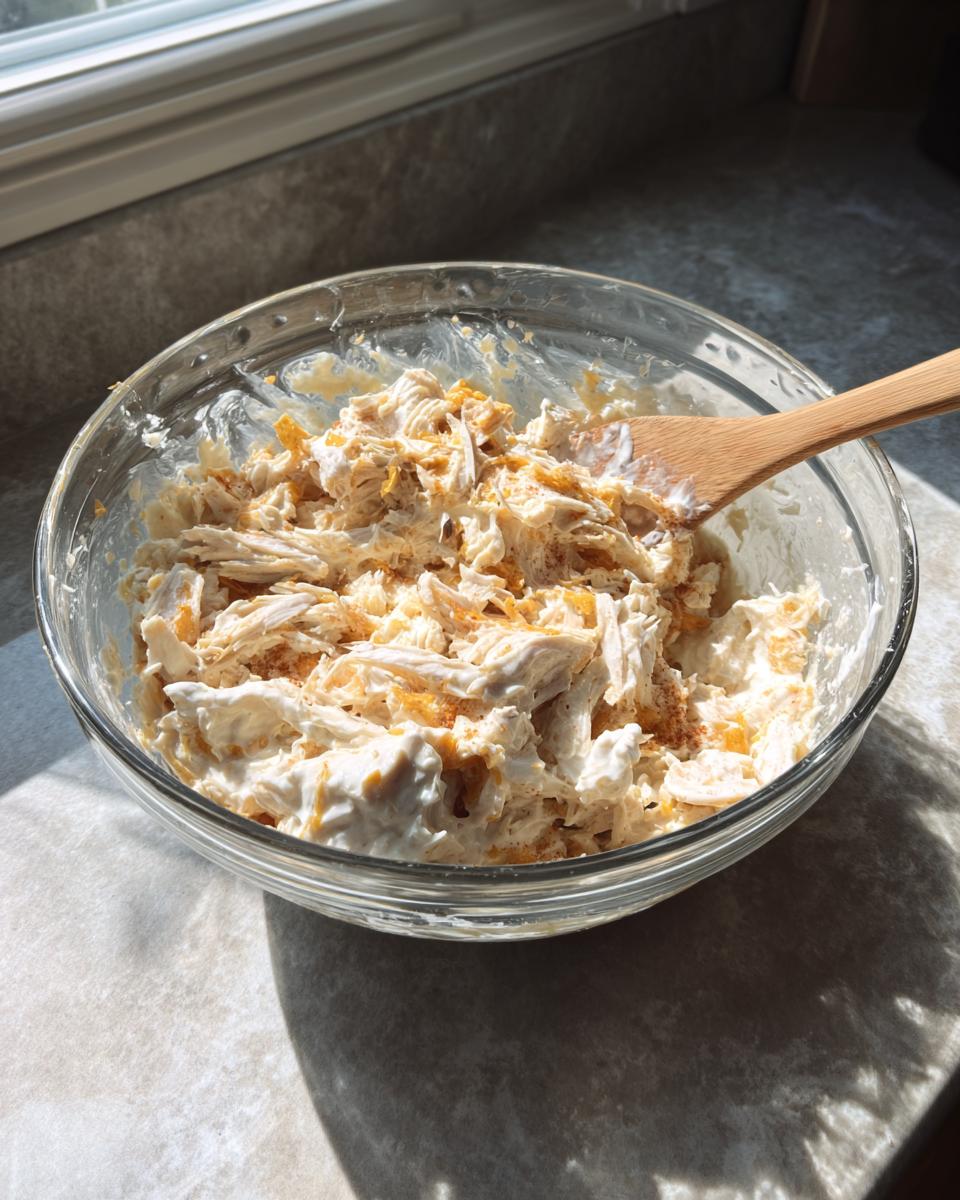 Mixing shredded chicken, cheese, and creamy sauce for the Dorito Casserole in a clear glass bowl.