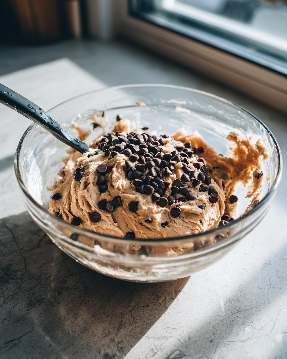 A glass bowl filled with thick, light brown dough topped generously with chocolate chips for homemade chocolate chip cookies.