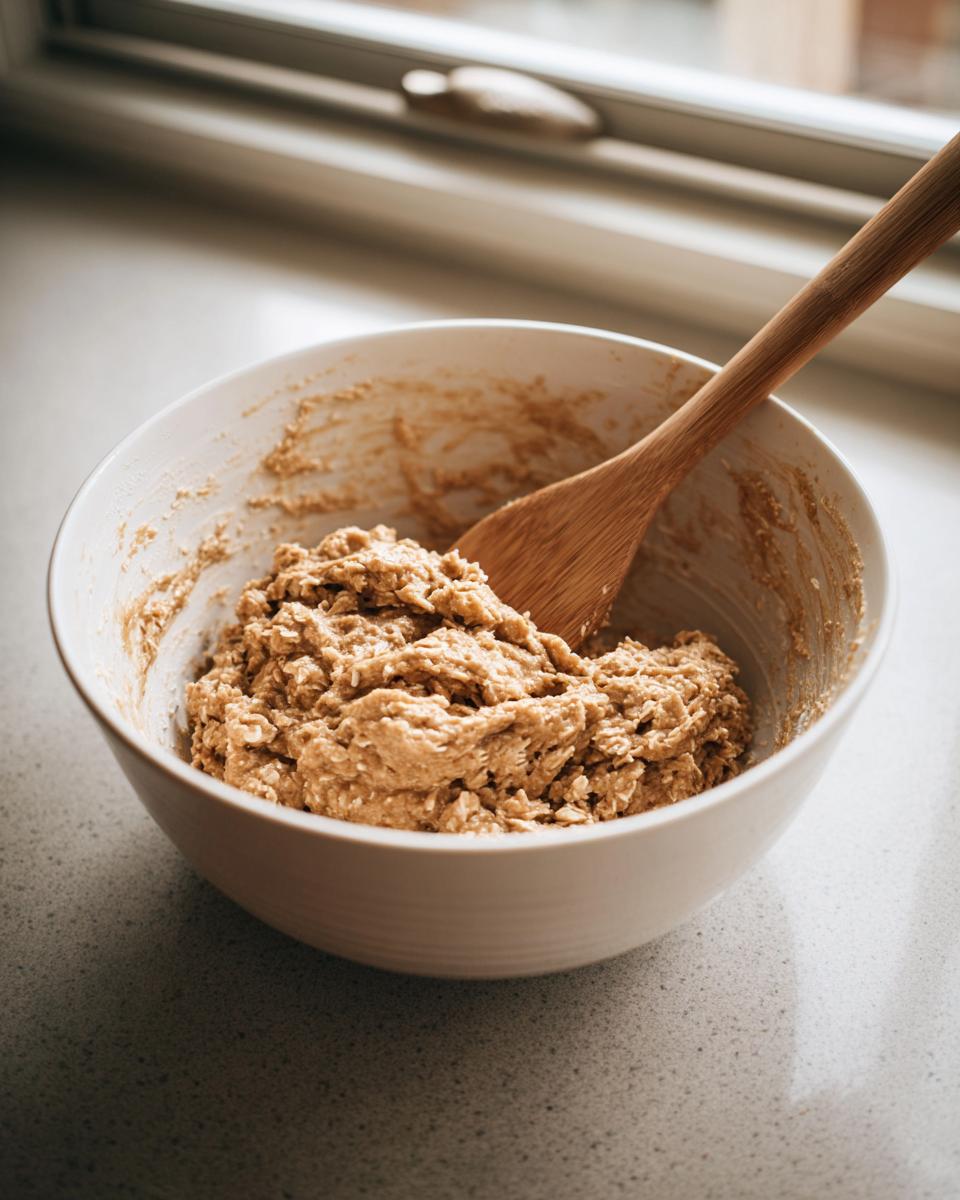 A white bowl containing thick, oat-based dough being mixed with a wooden spoon for making protein bars.