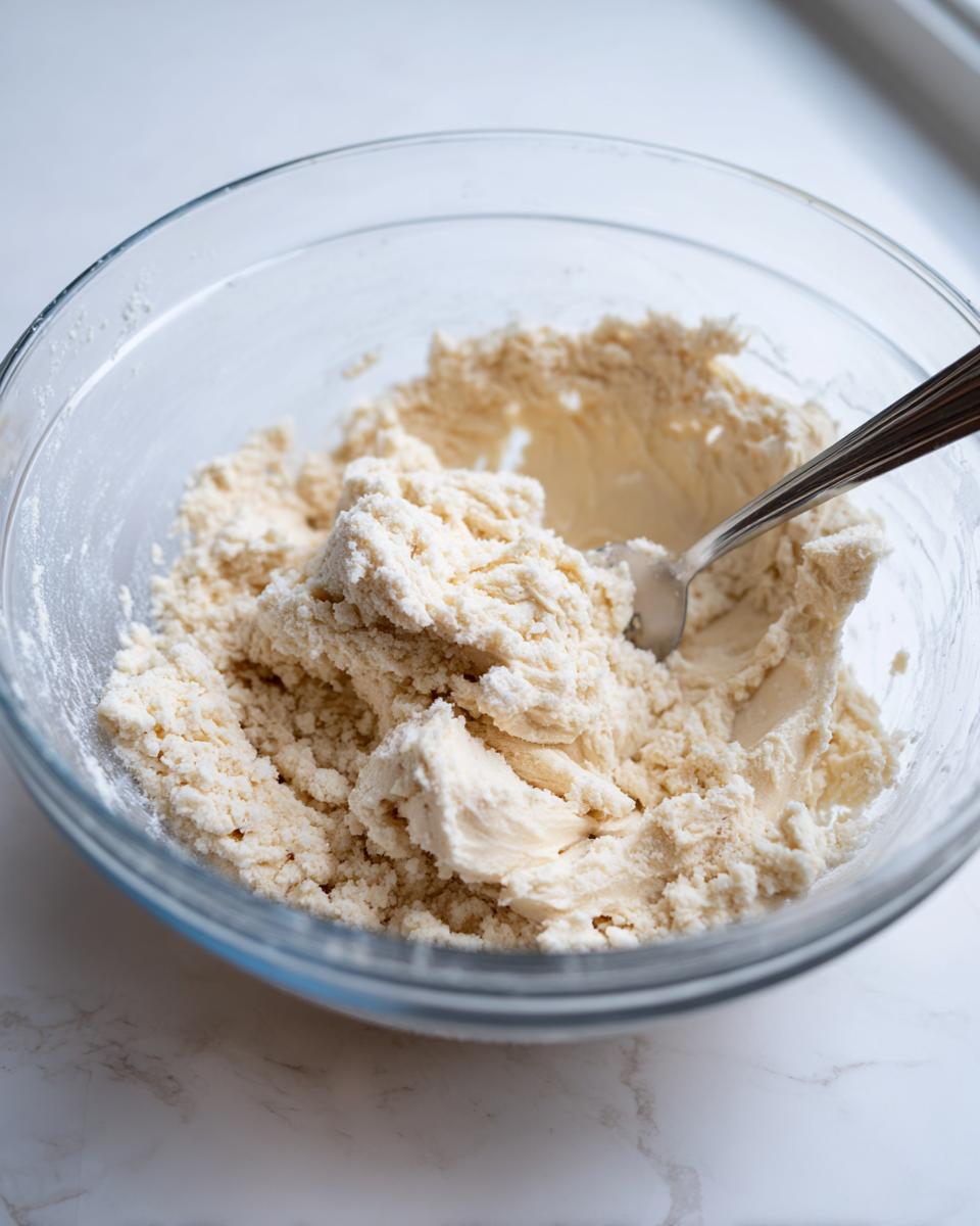 Close-up of crumbly dough being mixed with a fork in a clear glass bowl for making sugar cookie truffles.