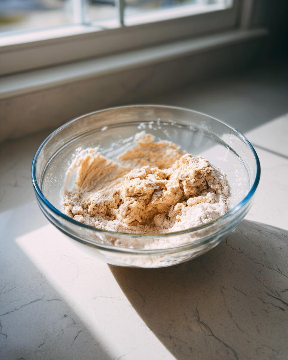 Glass bowl containing partially mixed dough ingredients for tiramisu cookies, sitting on a counter near a window.