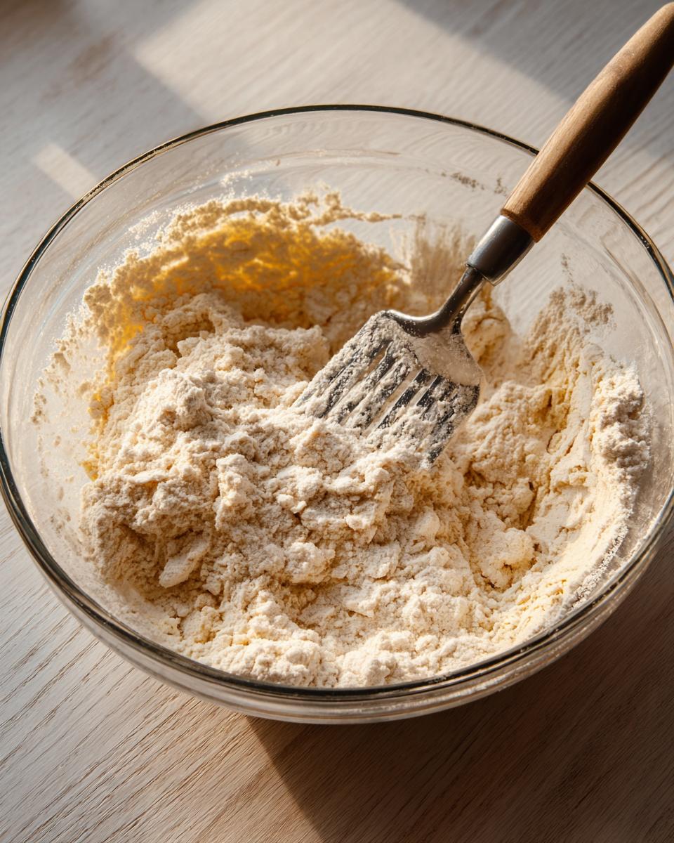 A glass bowl containing dry ingredients being mixed with a pastry blender while preparing the best banana bread.