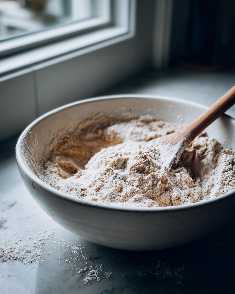 Close-up of dry ingredients, likely flour and bran, being mixed in a bowl with a wooden spoon for bran muffins.