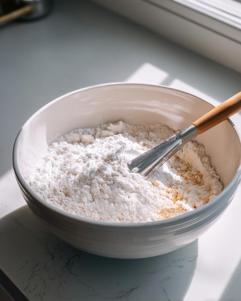 A white bowl containing flour and dry ingredients for buñuelos, with a whisk resting inside.