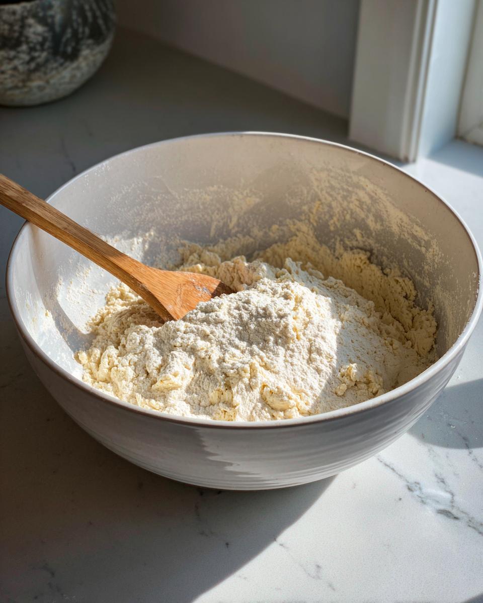 A white bowl containing flour and dry ingredients being mixed with a wooden spoon for french bread.