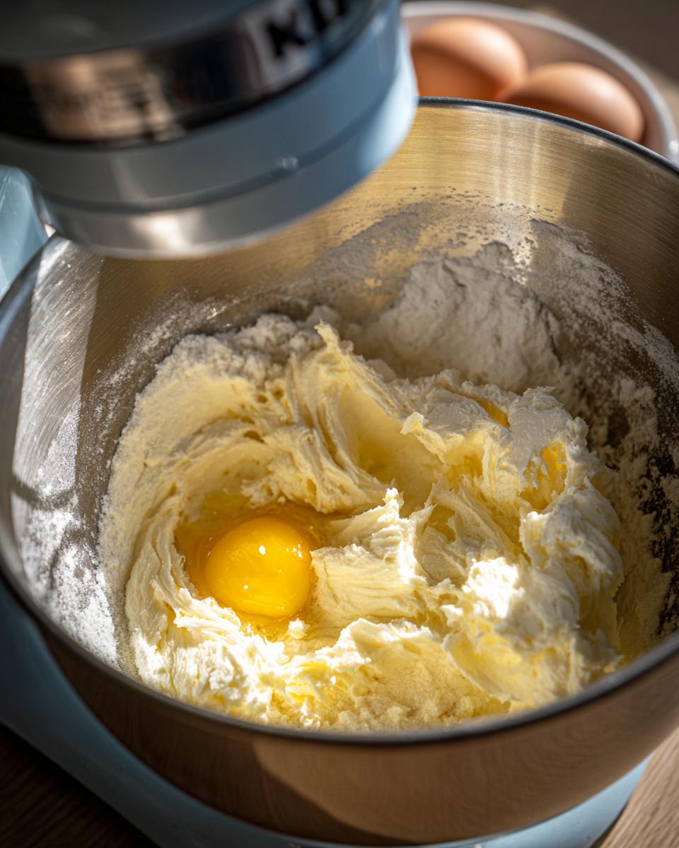 Close-up of a stand mixer bowl with creamed butter and sugar, showing a raw egg yolk added, ready for mixing the sugar cookie dough.