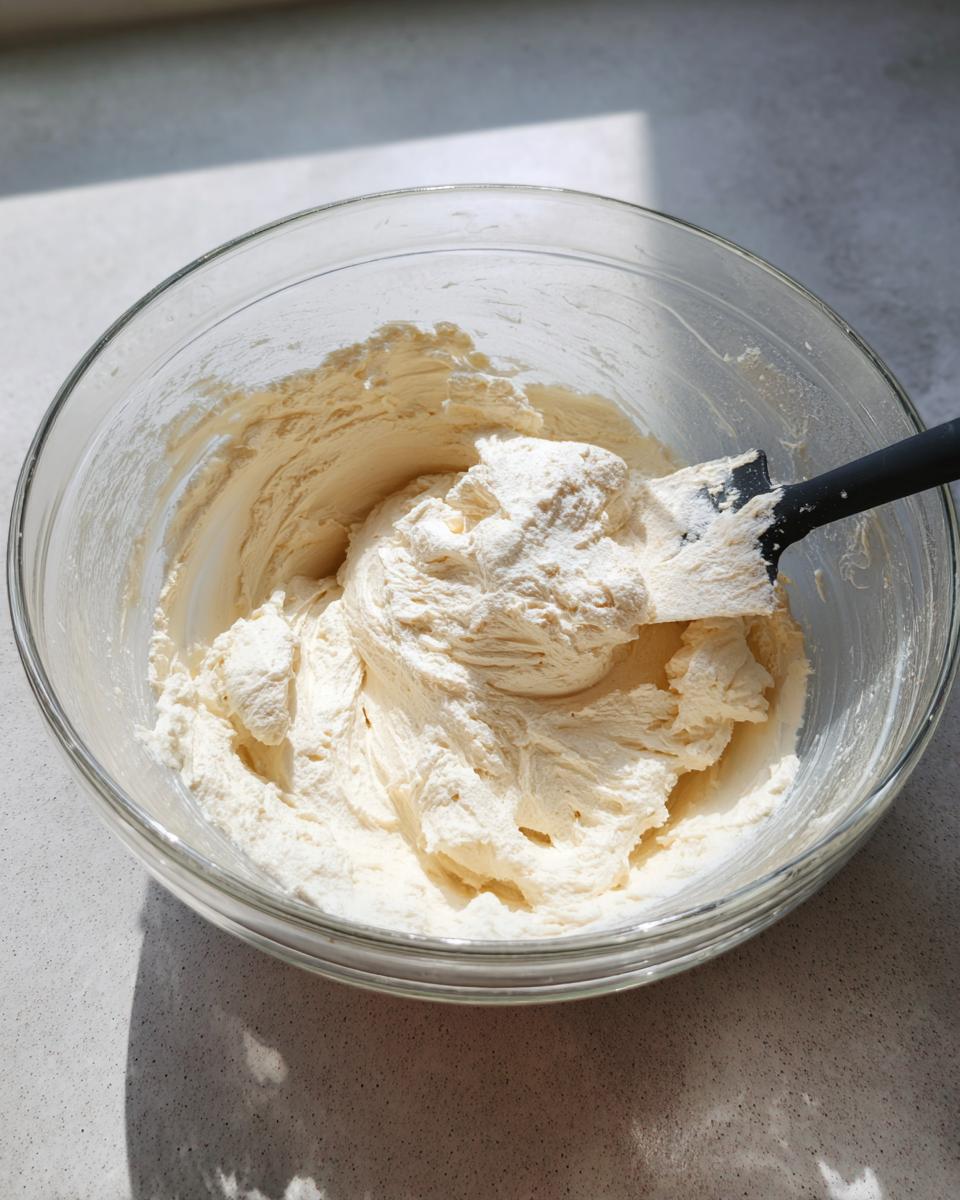 A glass bowl containing creamy, pale filling being mixed with a black spatula, likely for snickerdoodle cheesecake.