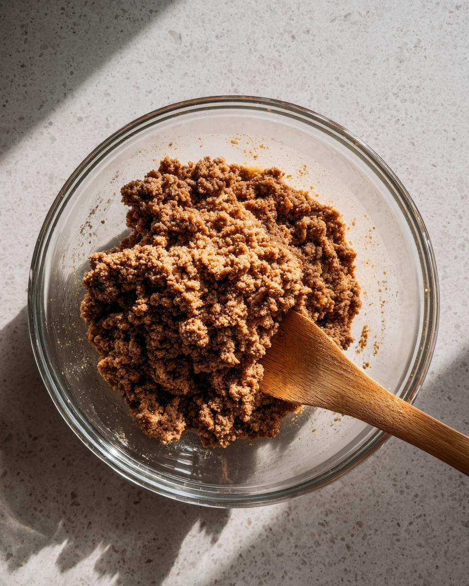 Overhead view of brown, crumbly filling being mixed with a wooden spoon in a clear glass bowl for Traditional Chinese Dumplings.