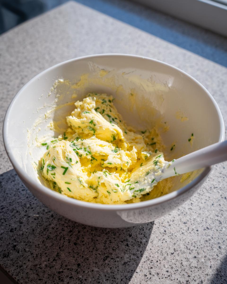 A white bowl containing freshly mixed garlic butter with visible green herbs, being stirred with a spatula.