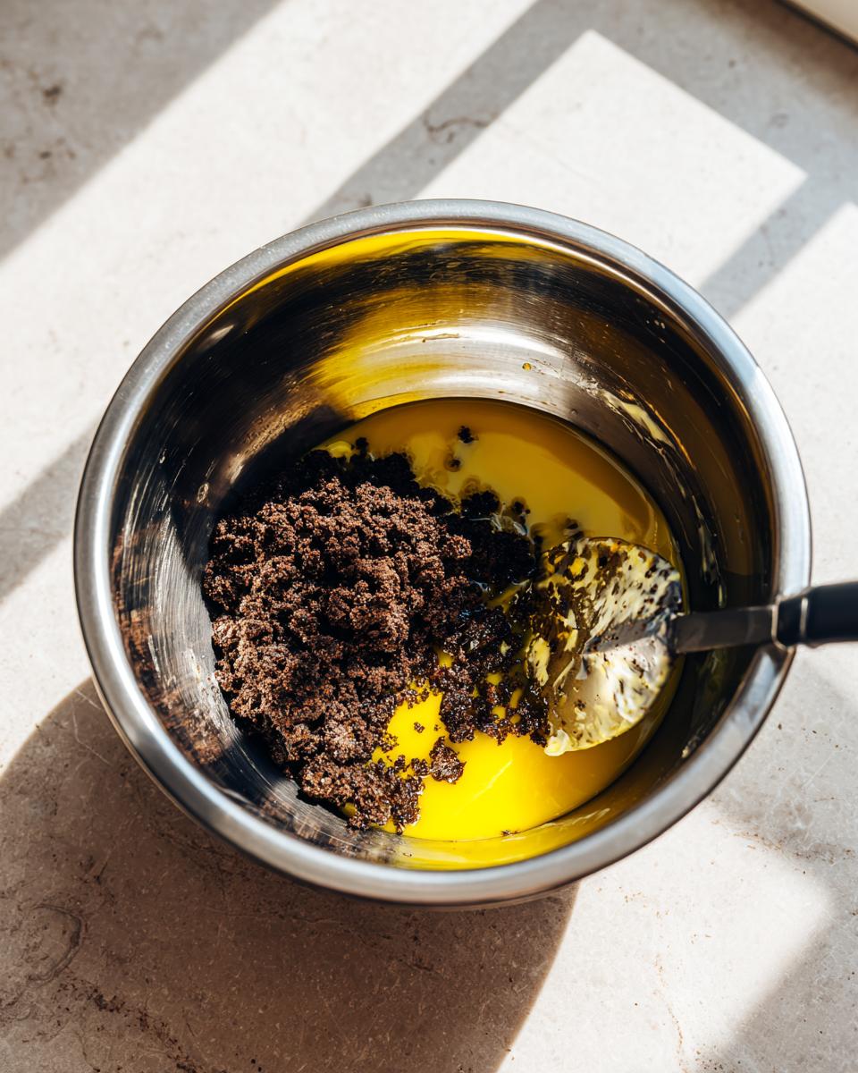 Mixing dark cookie crumbs into bright yellow liquid, likely egg yolks, for a grasshopper pie recipe.