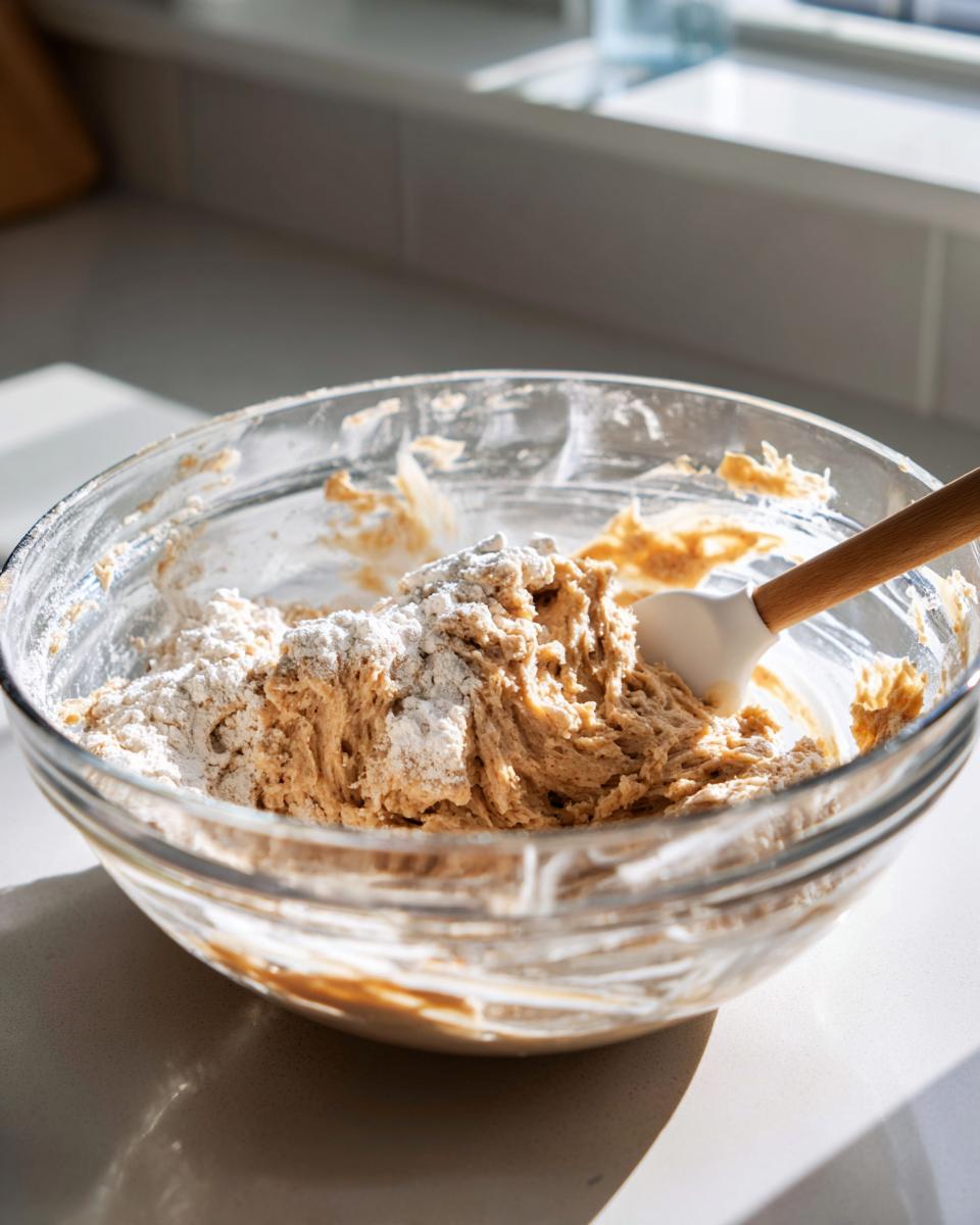Close-up of thick batter for greek yogurt banana bread being mixed with flour in a clear glass bowl.