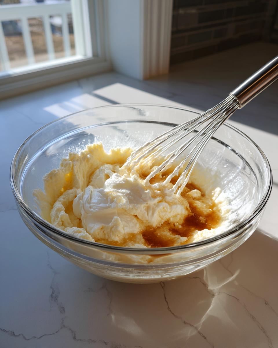A glass bowl containing creamed butter, greek yogurt, and vanilla being whisked for greek yogurt banana bread batter.