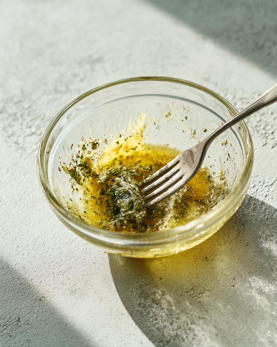 Close-up of melted butter mixed with herbs in a small glass bowl, ready for air fryer salmon.