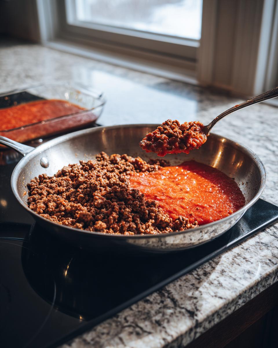 Mixing browned ground meat with tomato sauce in a skillet for Lasagna with Cottage Cheese recipe.