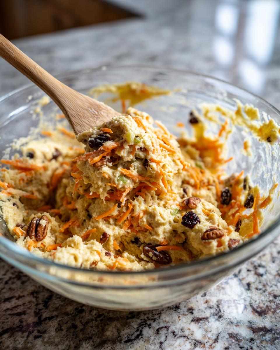Close-up of thick morning glory muffins batter being mixed with shredded carrots, pecans, and raisins in a glass bowl.