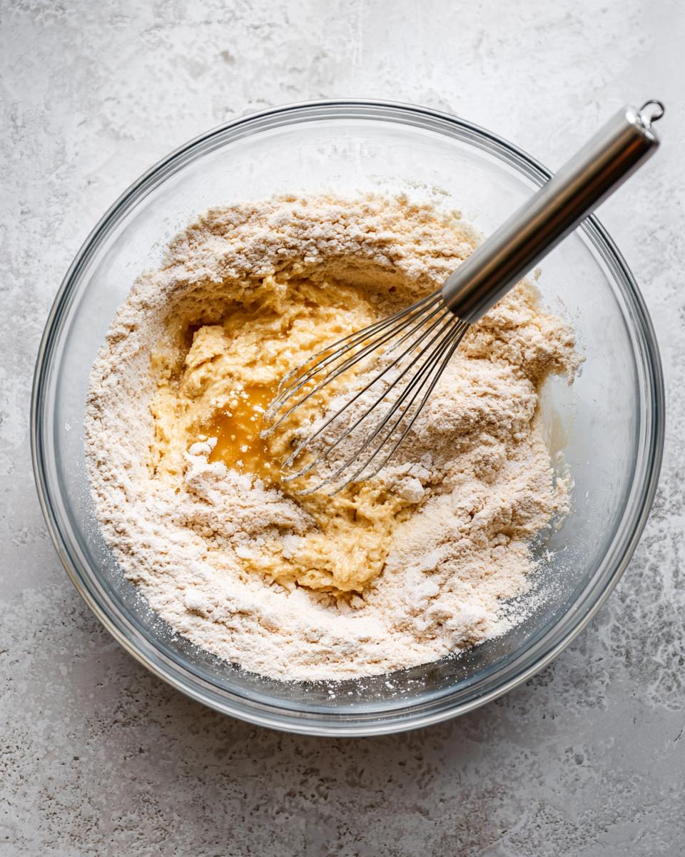Overhead view of dry ingredients being mixed with wet ingredients using a whisk in a glass bowl for morning glory muffins.