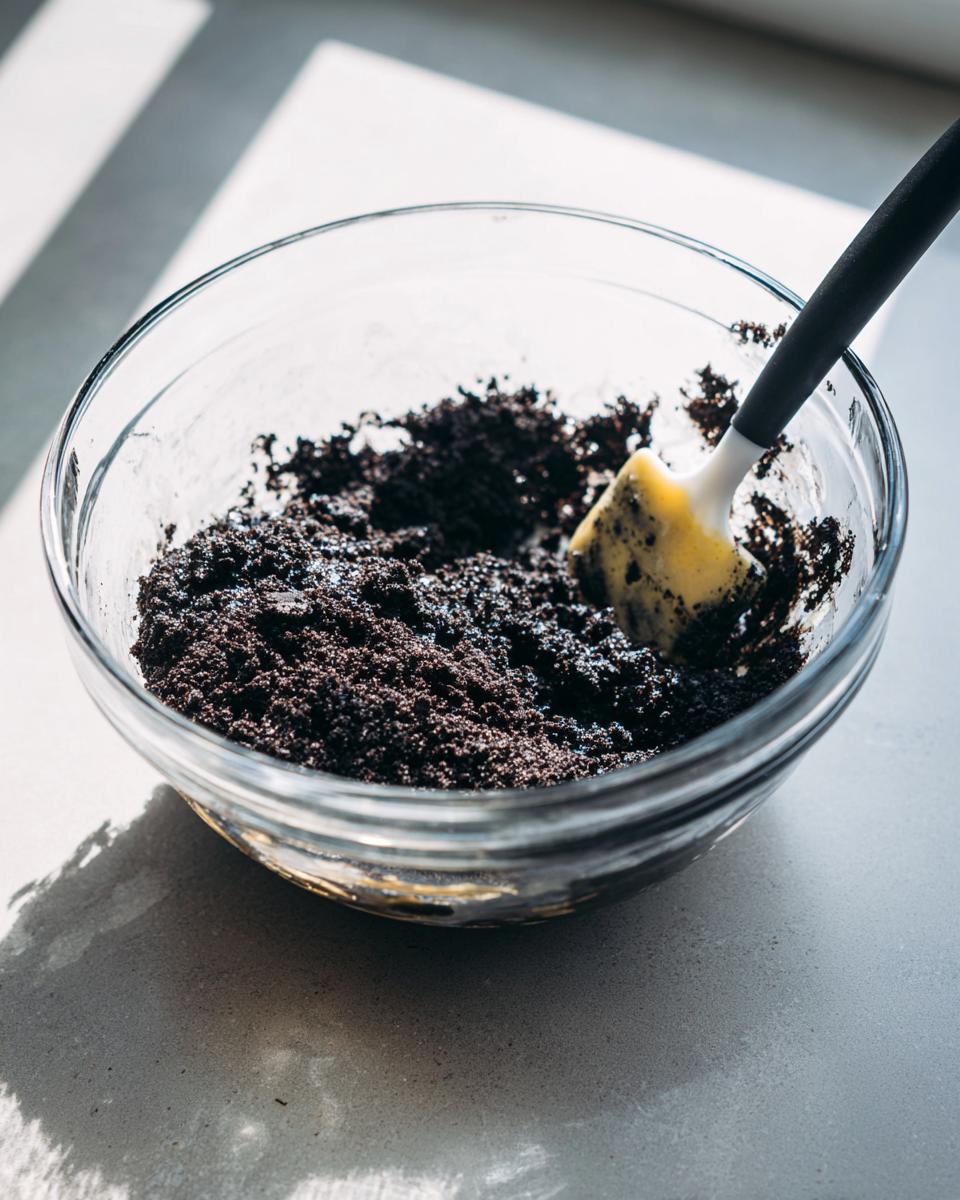 Mixing crushed chocolate cookies and butter in a glass bowl for an Oreo pie crust.