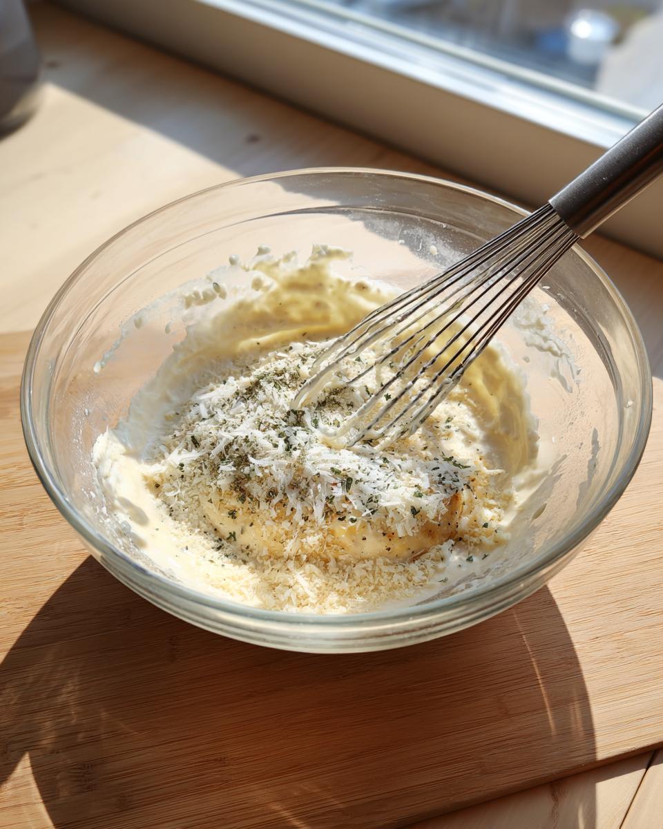 Whisk mixing shredded parmesan cheese and herbs into a creamy base for the Garlic parmesan chicken bake sauce.