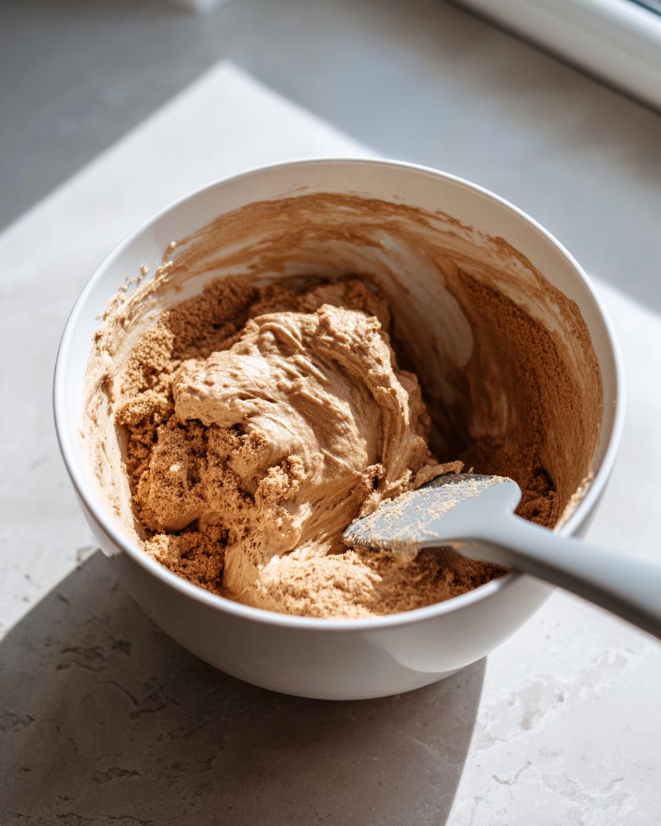 Close-up of thick, light brown peanut butter bars batter being mixed with a spatula in a white bowl.