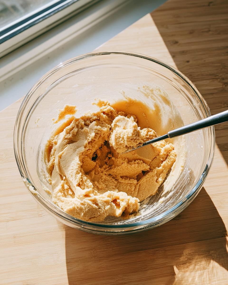 Close-up of thick, creamy peanut butter cookies dough being mixed in a clear glass bowl.