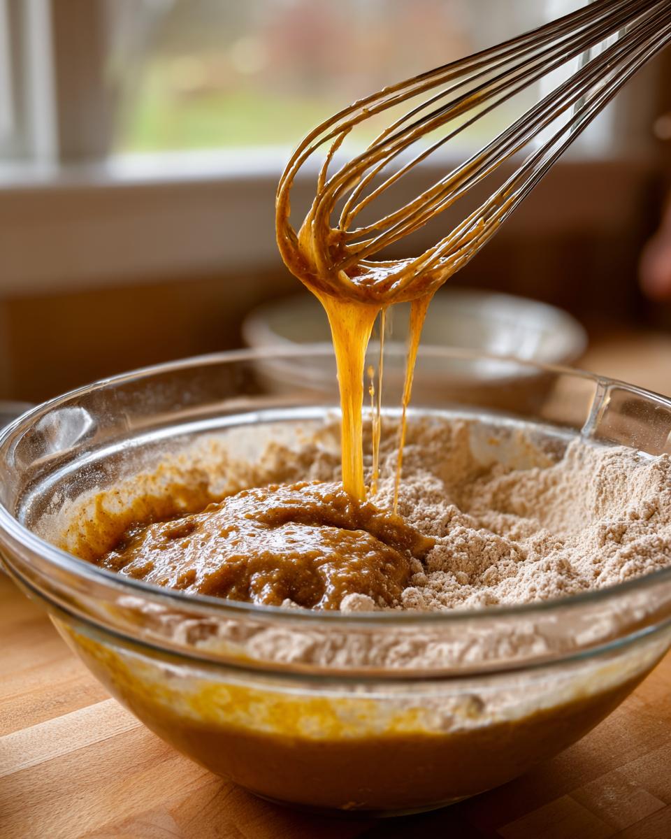 Whisk dripping orange pumpkin batter into dry ingredients for making pumpkin waffles.