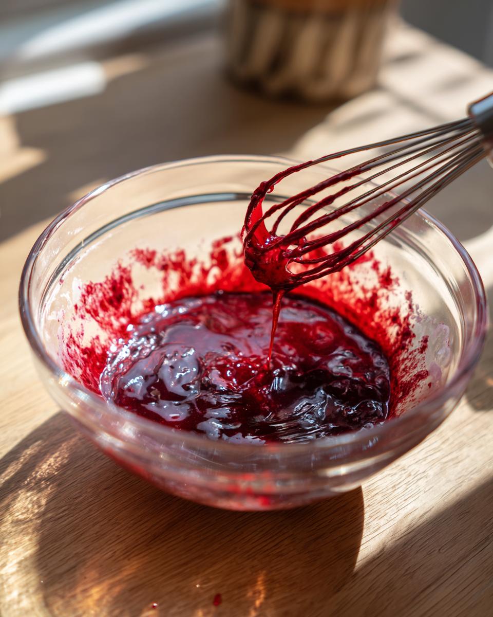 Close-up of deep red liquid being whisked in a clear bowl, likely the coloring for red velvet cupcakes batter.
