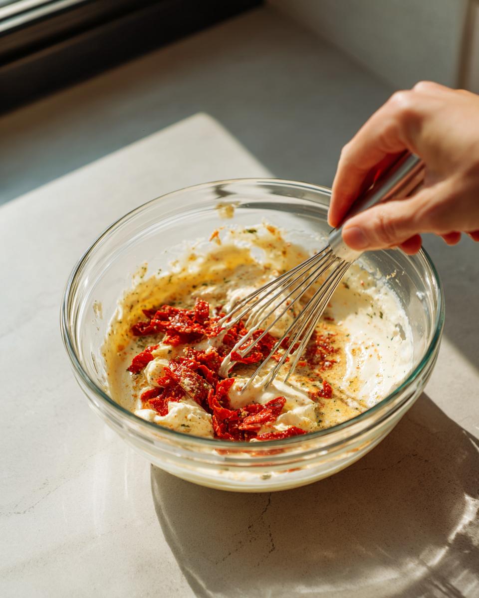 A hand whisks a creamy sauce with sun-dried tomatoes in a clear glass bowl for crockpot marry me chicken.