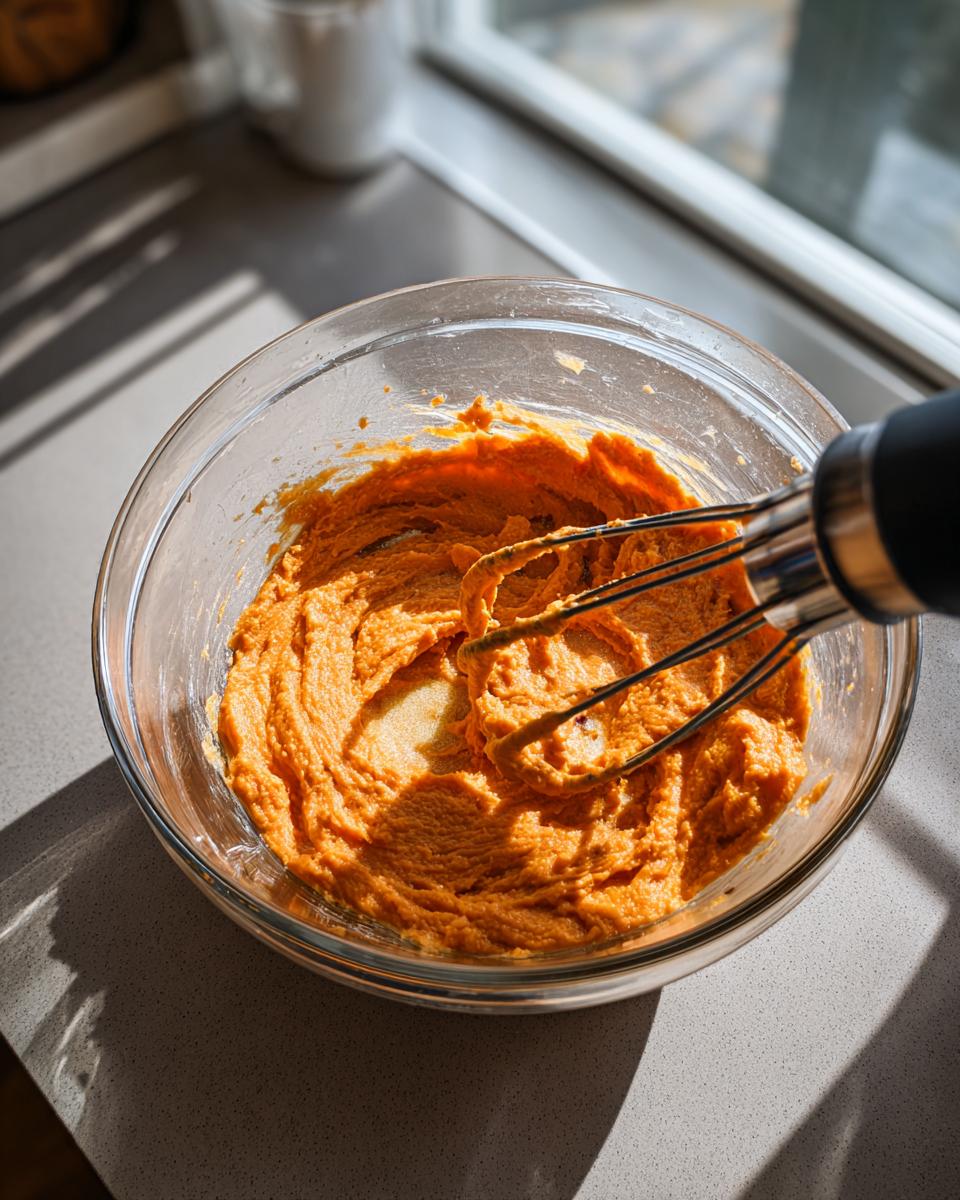 Close-up of bright orange southern sweet potato casserole filling being mixed with a hand mixer in a glass bowl.