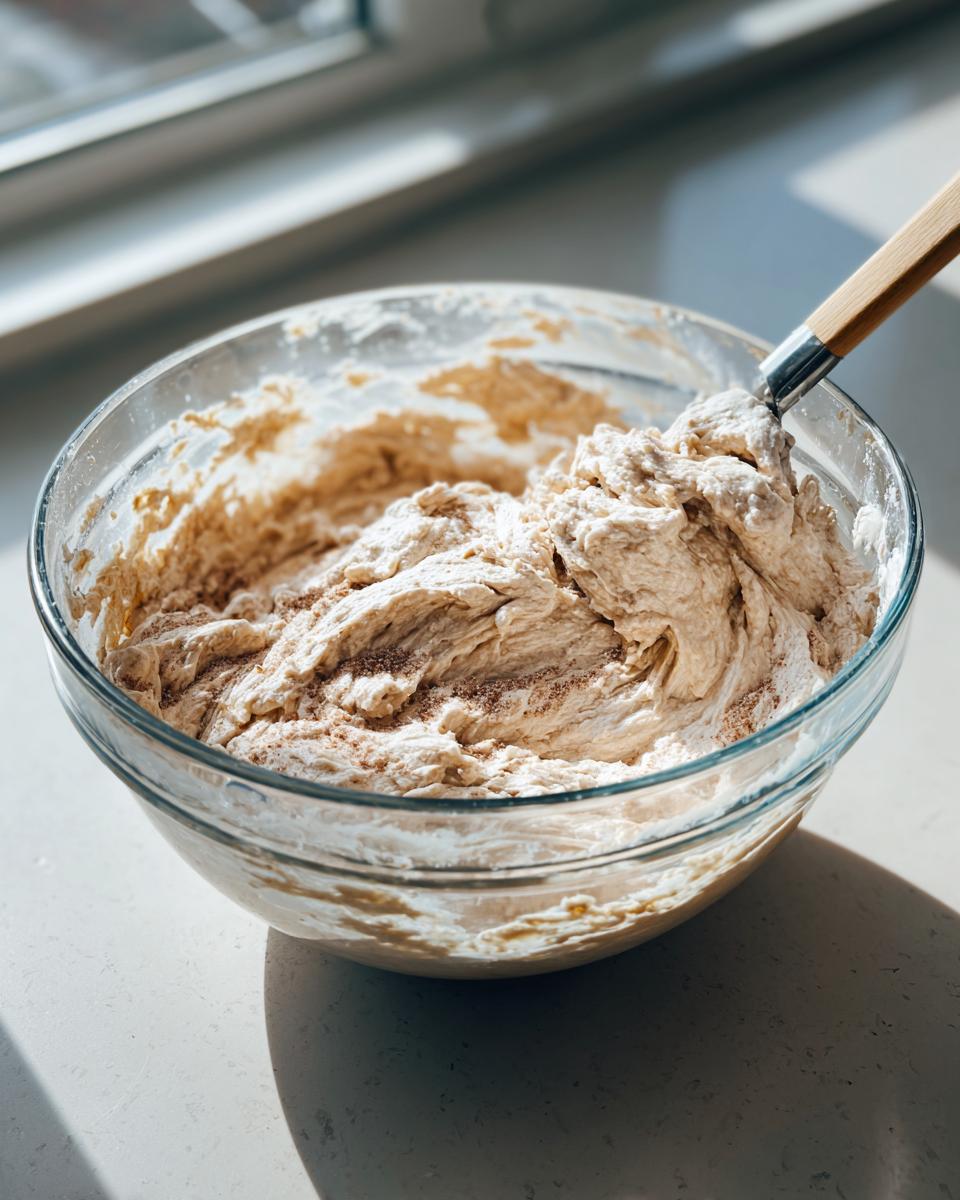 Thick batter for sugar free banana bread being mixed with a wooden spatula in a clear glass bowl.