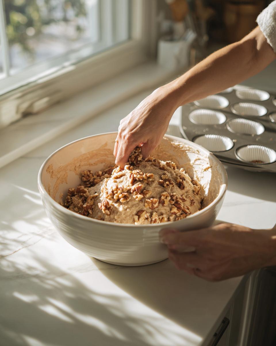 A person mixing chopped walnuts into the batter for banana nut muffins in a large white bowl.
