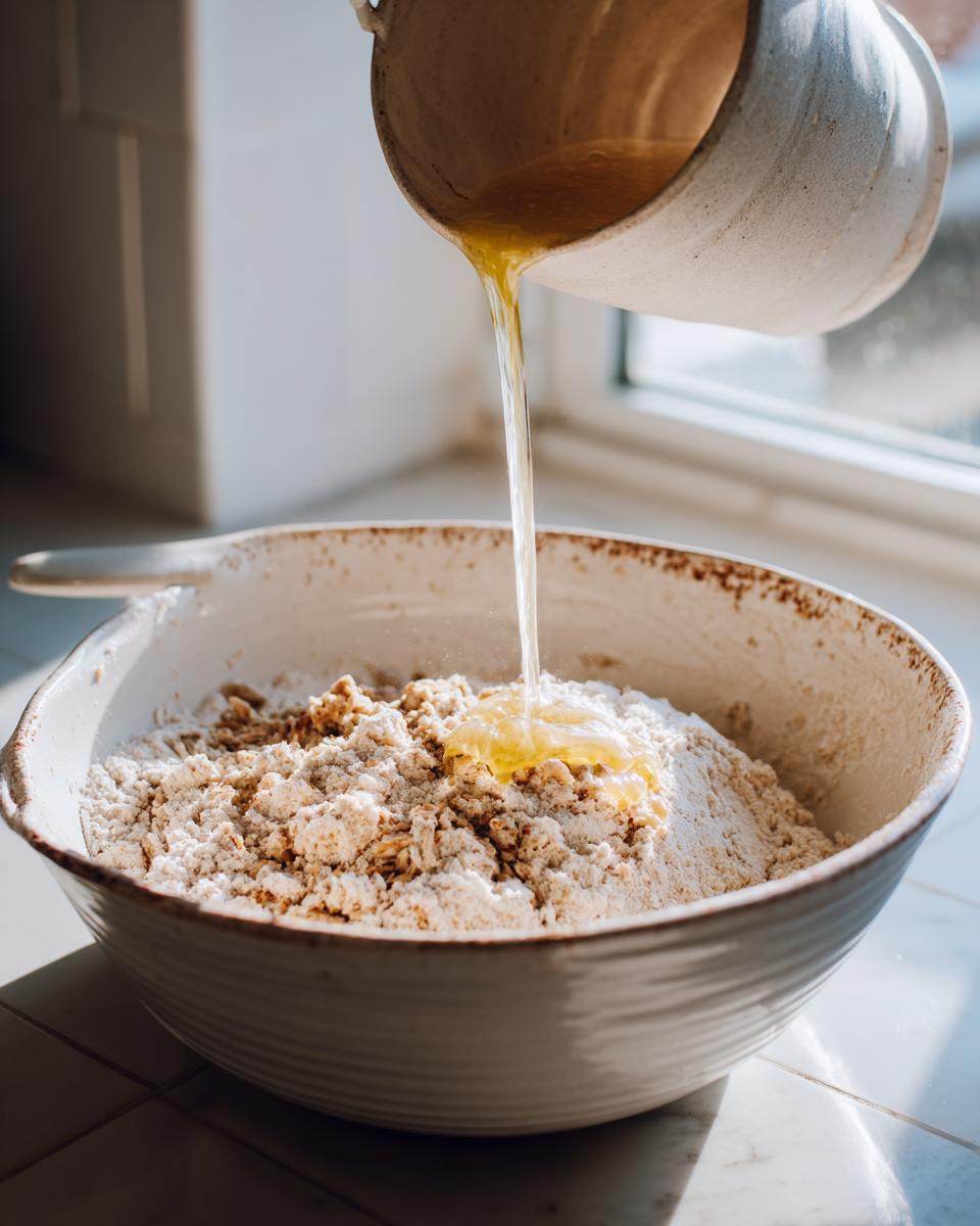 Pouring melted butter into dry ingredients for amazing banana nut muffins batter in a rustic bowl.