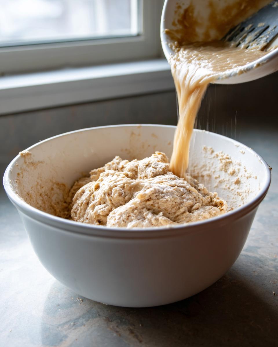 Pouring wet ingredients into a bowl containing dry mix for moist bran muffins batter.