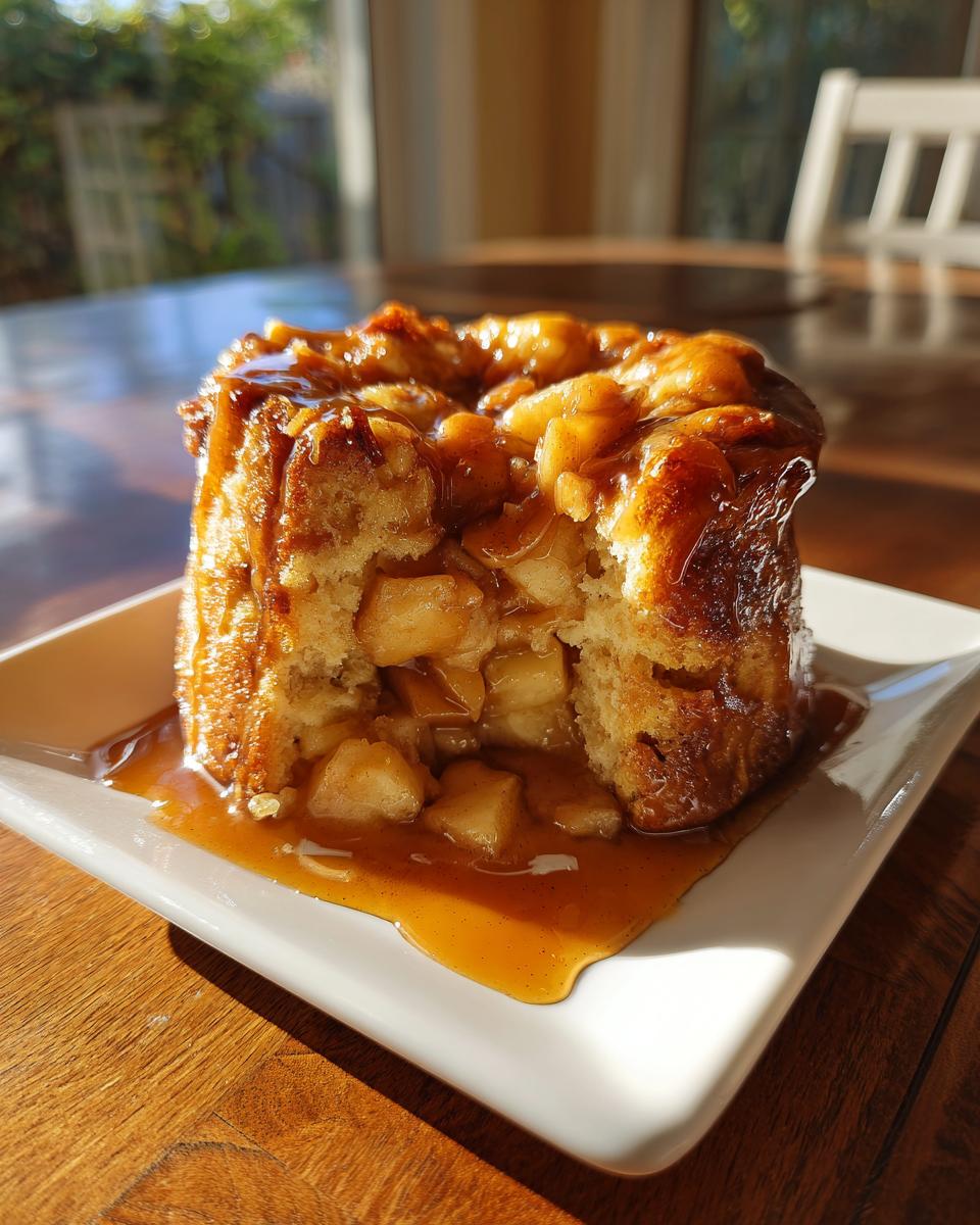 A single serving of moist apple bread pudding, cut open to show chunks of apple, drenched in rich caramel sauce.